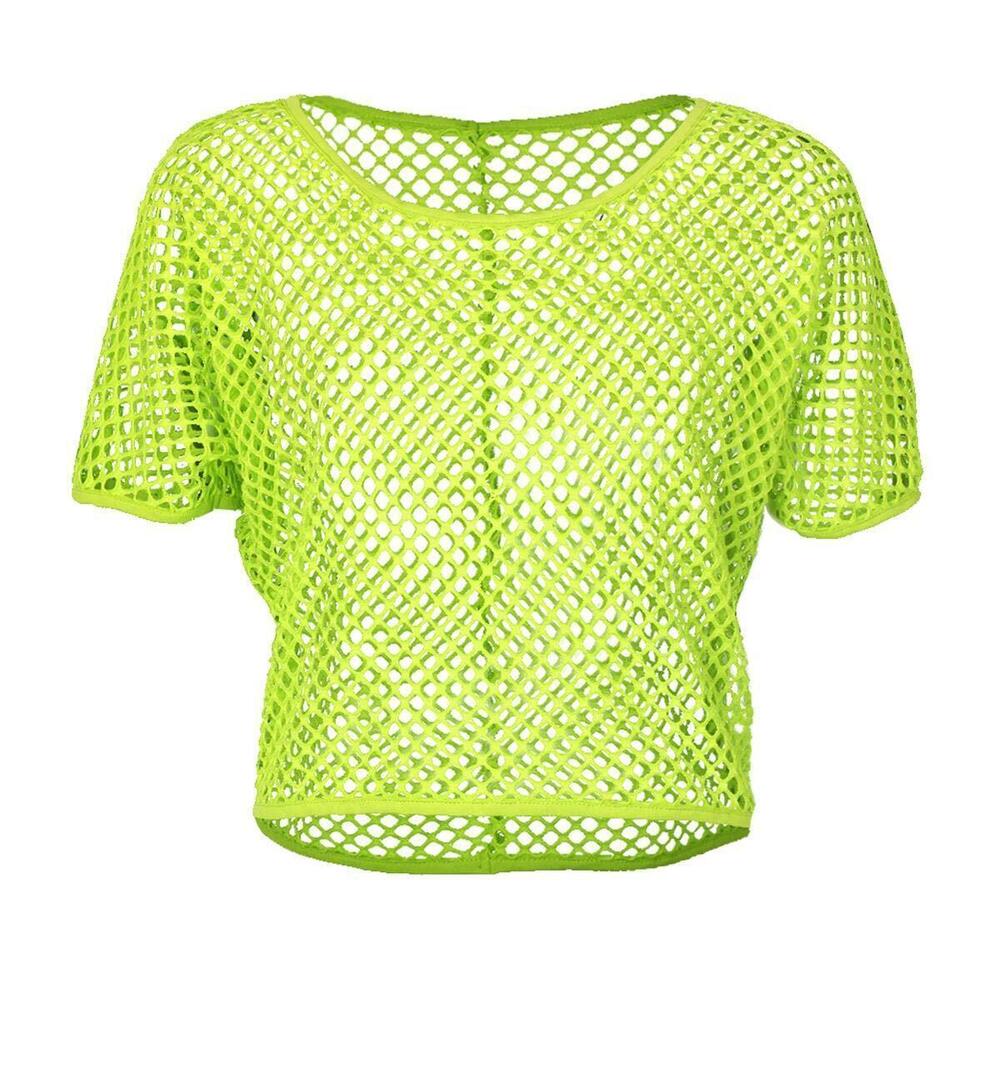 3890 Sexy Fishnet Crop Tops 80s Costumes Short Sleeve Mesh Shirt,Neon